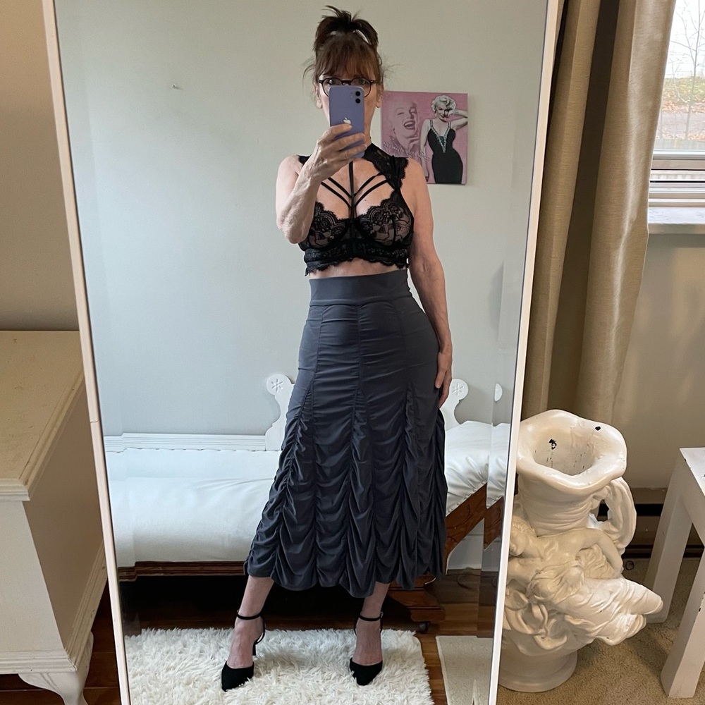 LAST TANGO VINTAGE CHARCOAL GRAY GREY RUCHED MAXI SKIRT STRETCH WIDE WAISTBAND